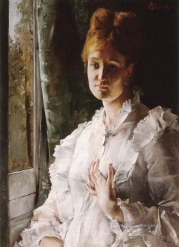 アルフレッド・スティーブンス Painting - 「白い服を着た女性の肖像」ベルギーの画家アルフレッド・スティーブンス